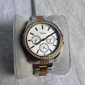 FOSSIL Janice Silver/Rose Gold Womens Watch BQ3420 Crystal Bezel New Battery